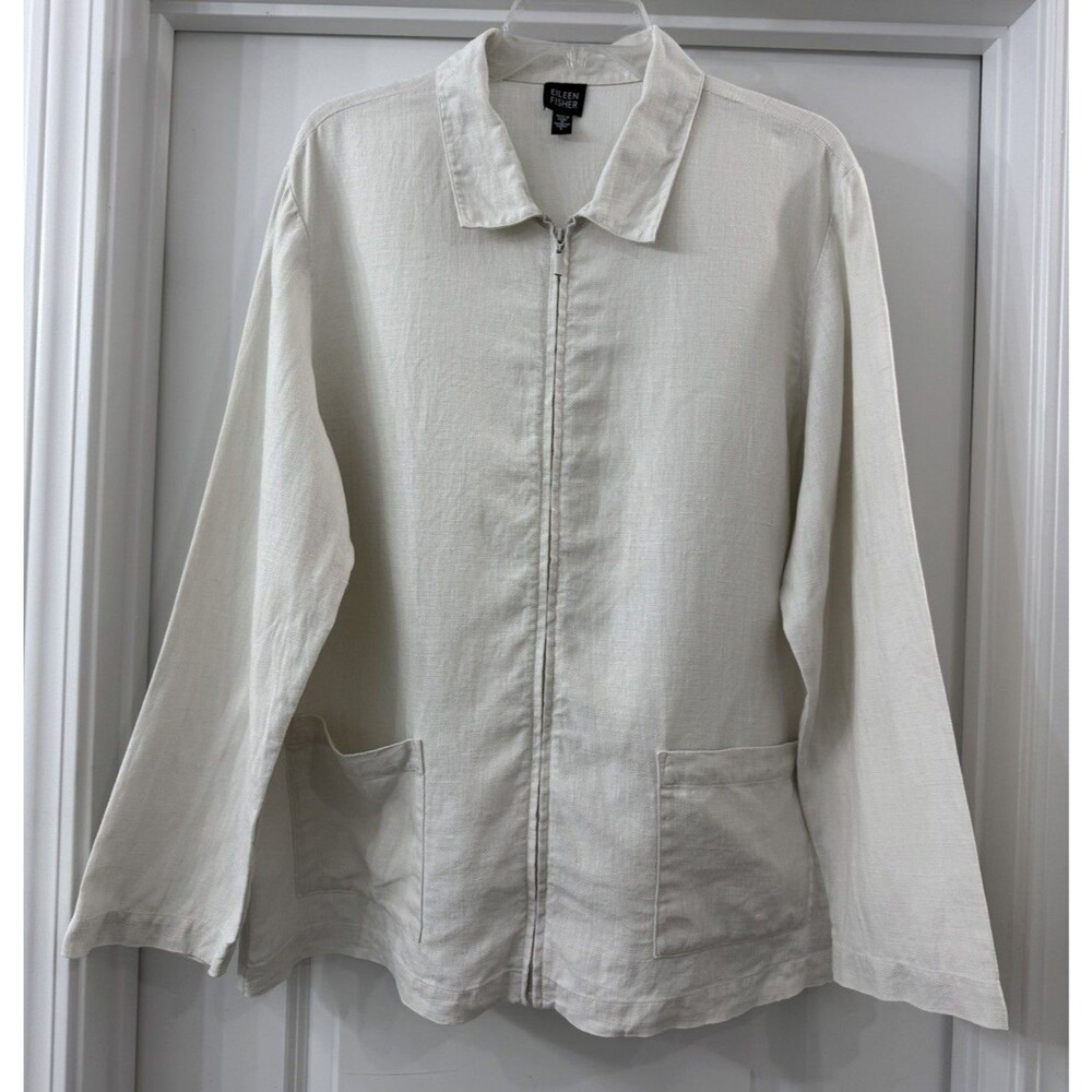 Eileen Fisher Jacket ivory 100% Irish Linen Sz L pockets Coastal Blazer zip
